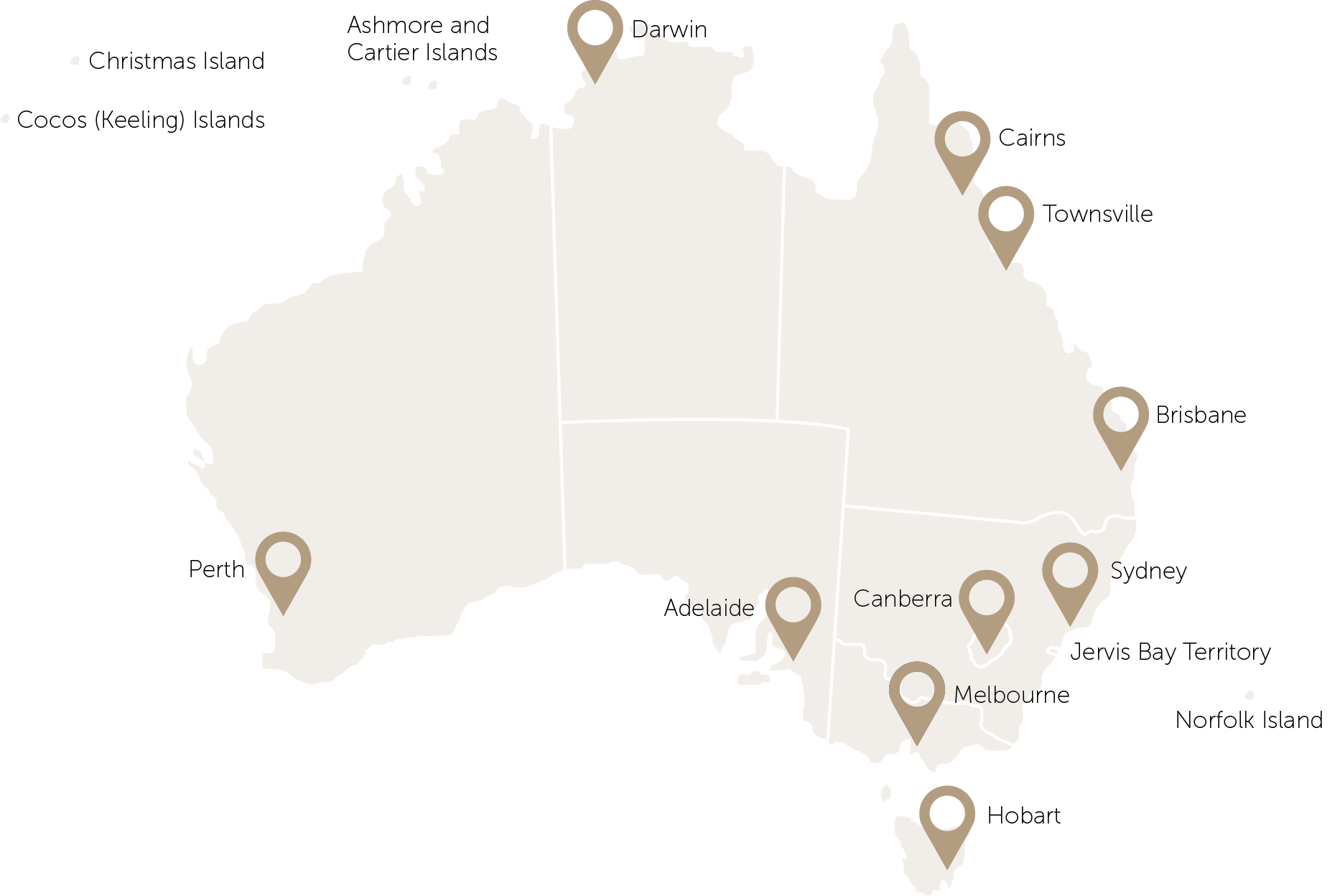Map of Australia showing all of CDPP' office locations: Adelaide, Brisbane, Cairns, Canberra, Darwin, Hobart, Melbourne, Perth, Sydney, Townsville