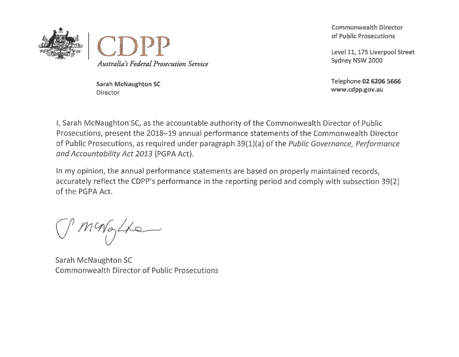 Signed performance statement. Text reads: I, Sarah McNaughton SC, as the accountable authority of the Commonwealth Director of Public Prosecutions, present the 2018–19 annual performance statements of the Commonwealth Director of Public Prosecutions.